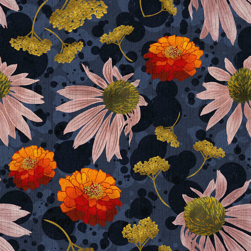 cone flower and zinnia pattern on dark blue background